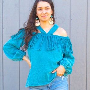 Turquoise Fringe Off Shoulder Top (S)